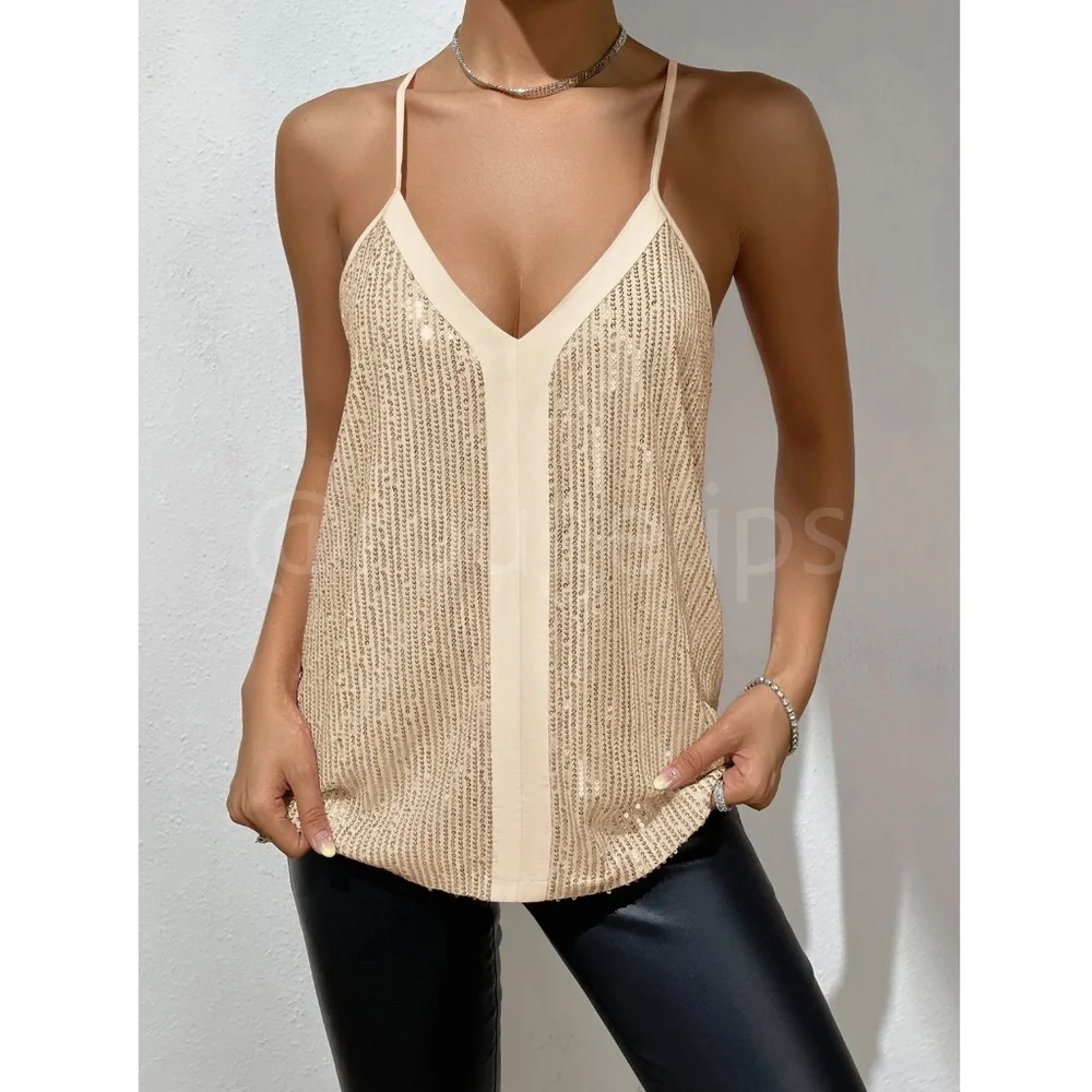 Sequin Detail Champagne Gold Cami Top - Picture 6 of 10
